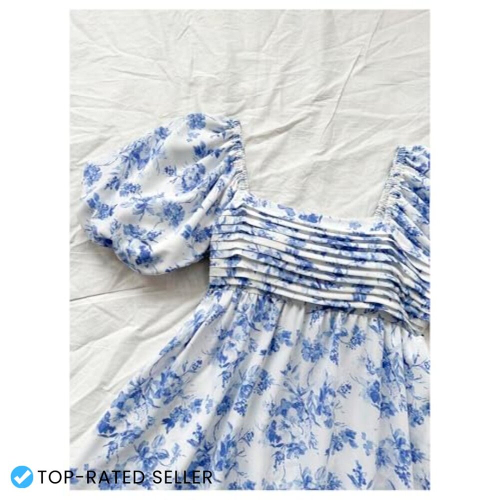 Floral Puff Sleeve Square Neck Mini Dress Boho Chic Casual Summer Picnic - Picture 3 of 5